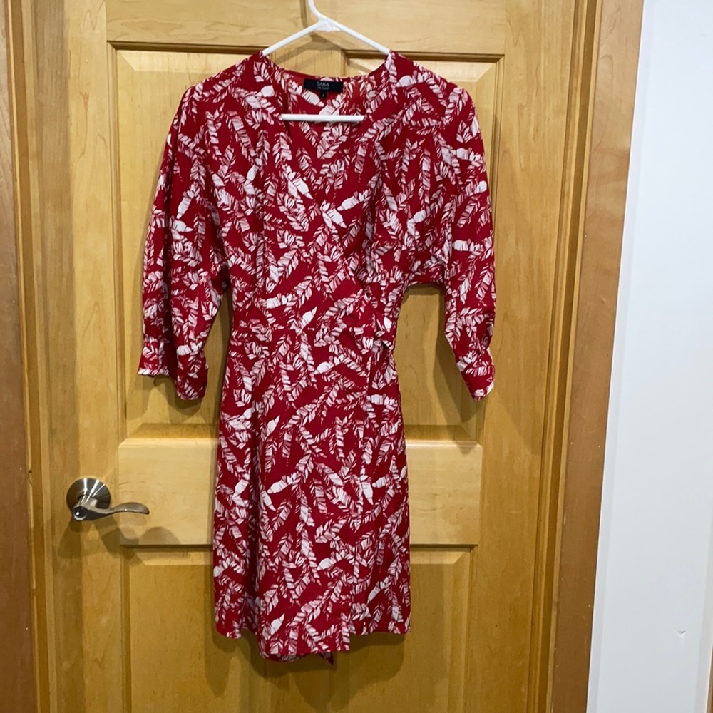 SABA silk blend red wrap around leaf print dress 8